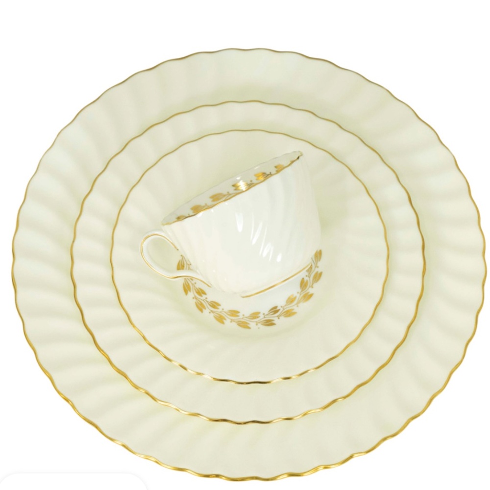 Minton Gold Cheviot Bone China Ivory. 12 place settings  (7 pieces per setting)